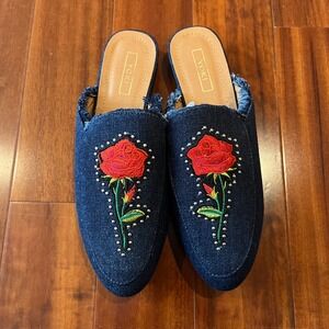 Denim Mule Shoes Rose Embroidered Studs Yoki Willas-71 Dark Blue New Size 8.5